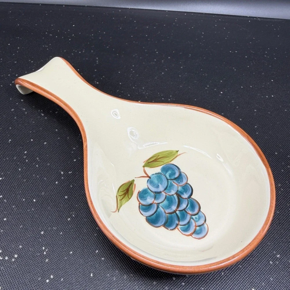 Around the Orchard HOME Ceramic Spoon Rest Blue Grapes Hand Painted Cream 8 Inch